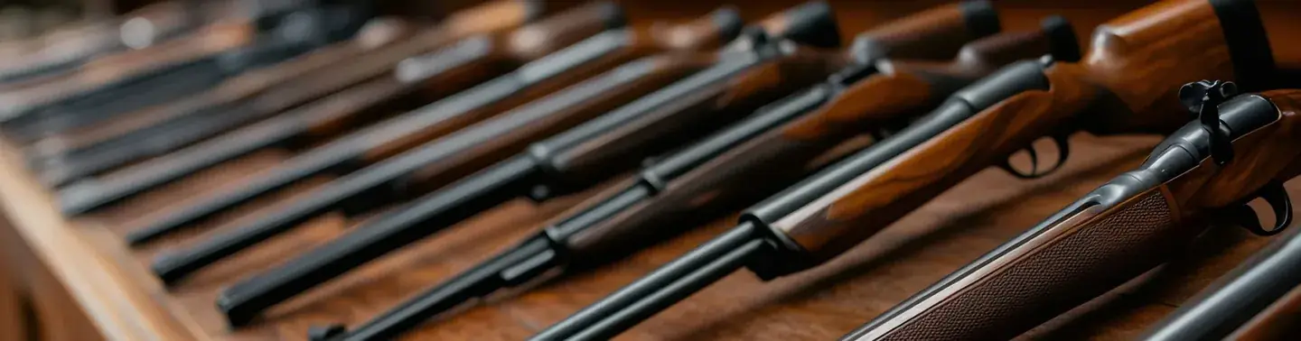 Classic hunting shotguns displayed in wooden rack