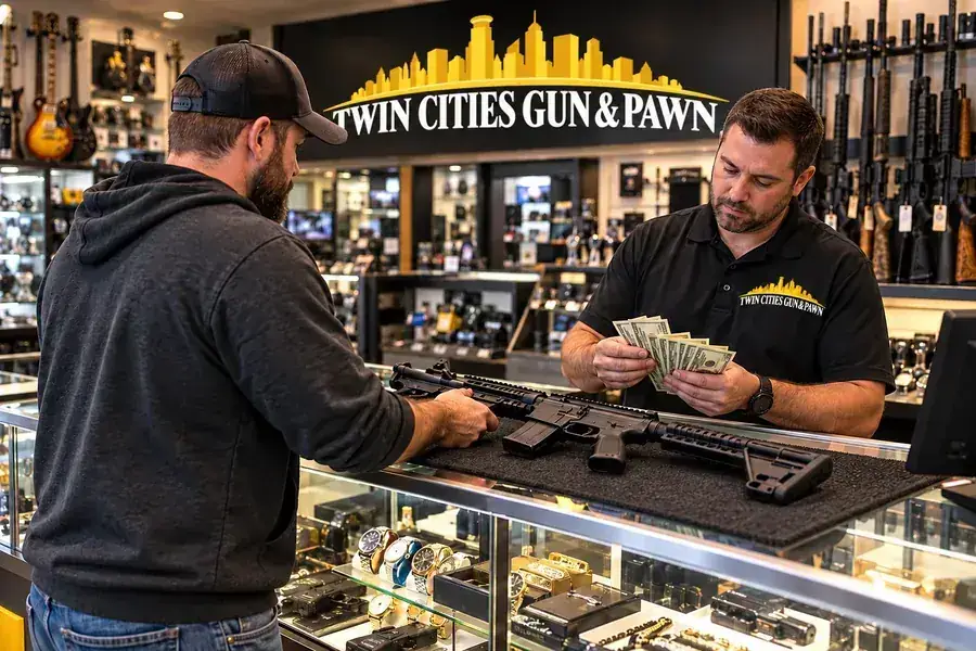Twin Cities Gun & Pawn staff and customer completing a firearm transaction in the Twin Cities