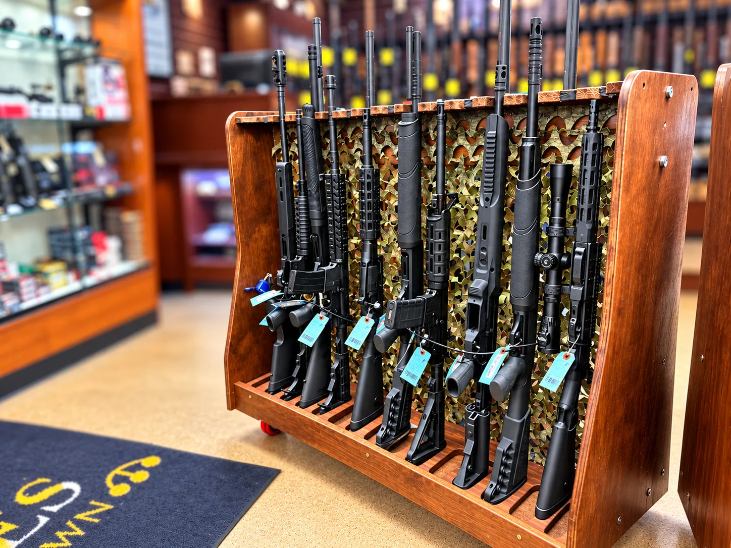 Tactical firearms display rack with AR-15 rifles and shotguns at Twin Cities Gun & Pawn