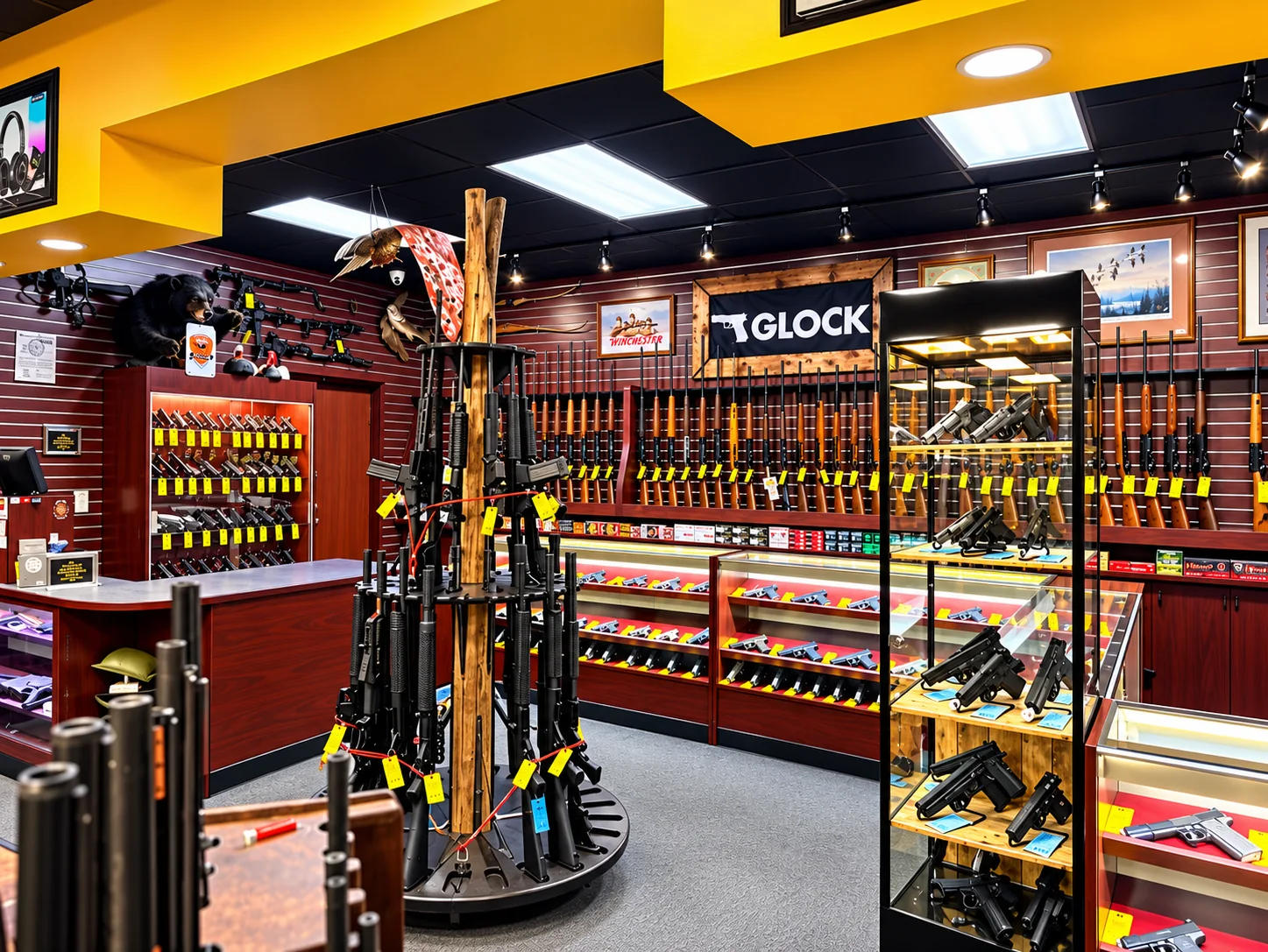 Twin Cities Gun & Pawn firearms store interior &mdash; rifles, handguns and display cases